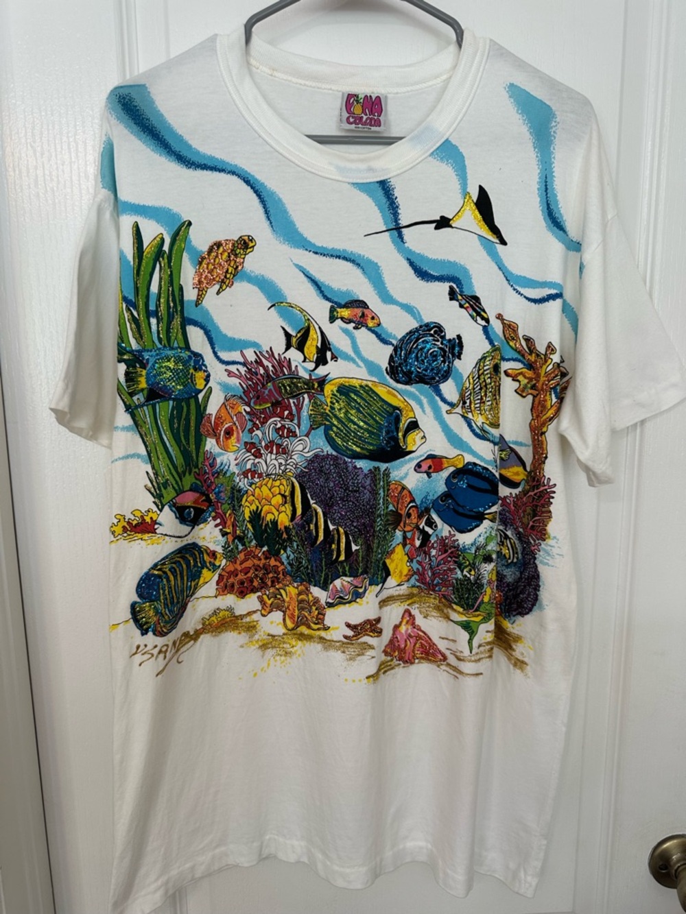 Vtg 90s Pina Colada Fish Tee White Single Stitch Glitter Detail Sea Life XL